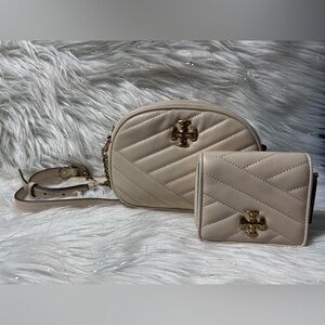 Tory Burch New Cream Kira Chevron Small Camera Bag and Bi-fold Wallet Bundle